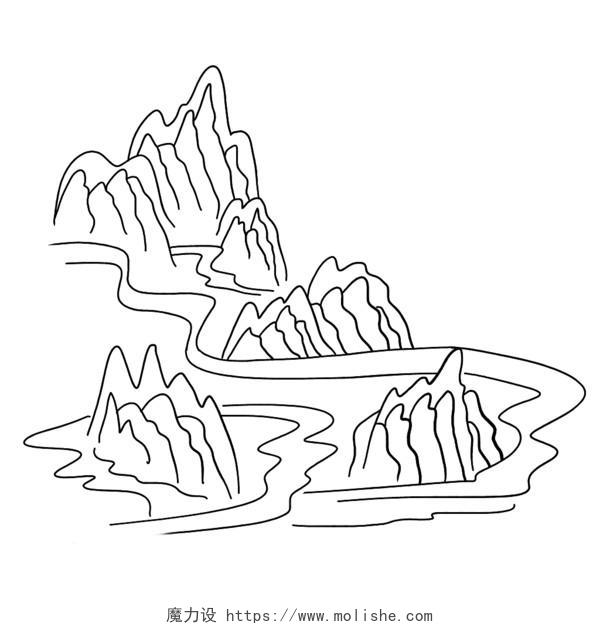 简约手绘山水画山水线条纹理山水线描背景PNG元素线条山水原创手绘线性元素